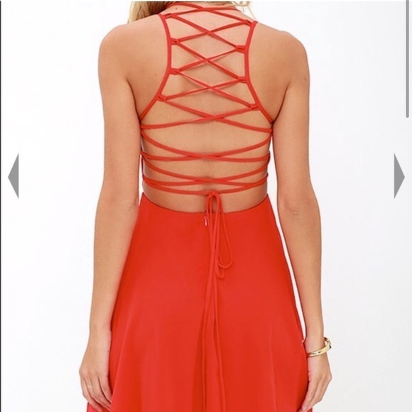 Lulu’s bright red chiffon lace-up back fit and flare mini dress S - Picture 3 of 11